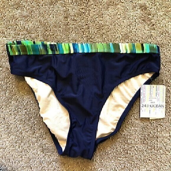 NEW NWT 24TH OCEAN Navy Blue Green Stripe High Waisted Waist Bikini Bottom Large - Picture 1 of 6